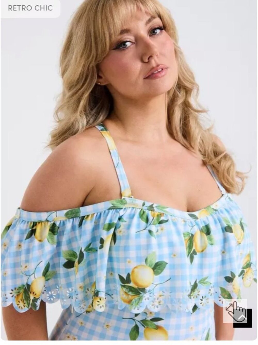 Torrid Retro Chic Off-Shoulder One Piece Swimsuit lemons light blue plaid Sz 0x - Picture 4 of 13